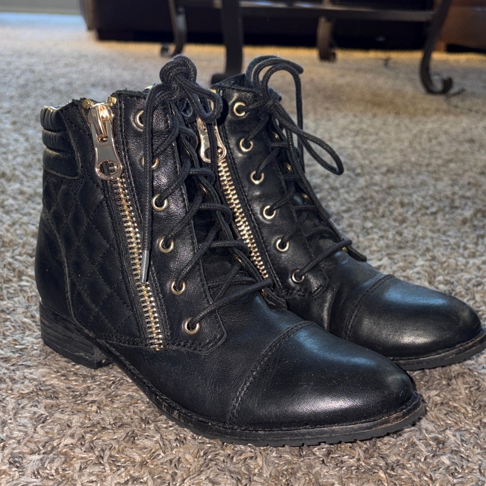 Black Quilted Lace-Up Ankle Boots